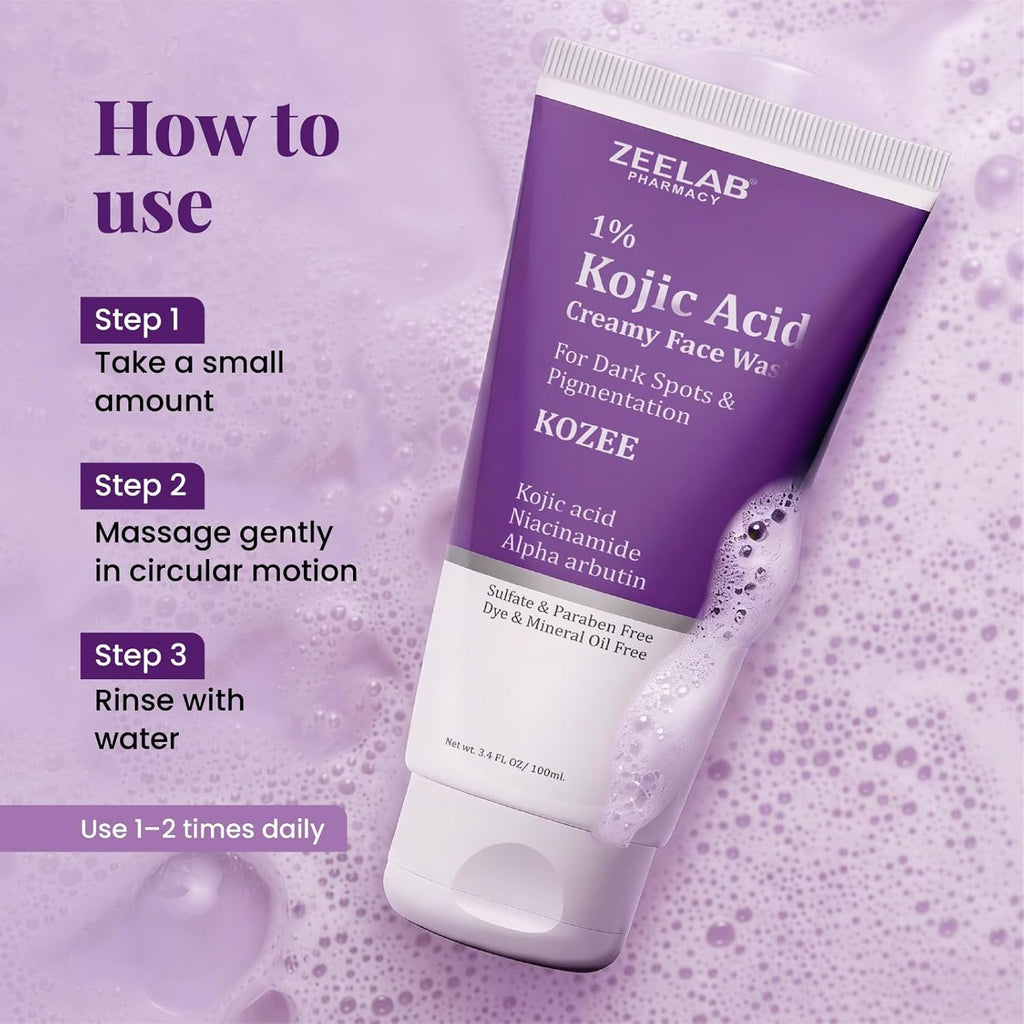 Zeelab Kozee Kojic Acid 1% Face Wash for Dark Spots & Uneven Skin Tone | With Alpha Arbutin, Niacinamide & Vitamin E | Gentle Brightening & Cleansing Face Wash | Suitable for All Skin Types | 100ml
