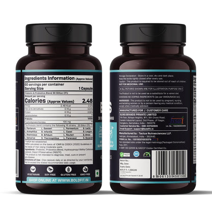 Boldfit Probiotics 30 Billion CFU with 16 Strains and Prebiotics for Gut Cleanse Detox Digestive Health Bloating Relief Constipation Probiotic Supplement for Men and Women Supports Immunity Booster - 60 Veg Capsules