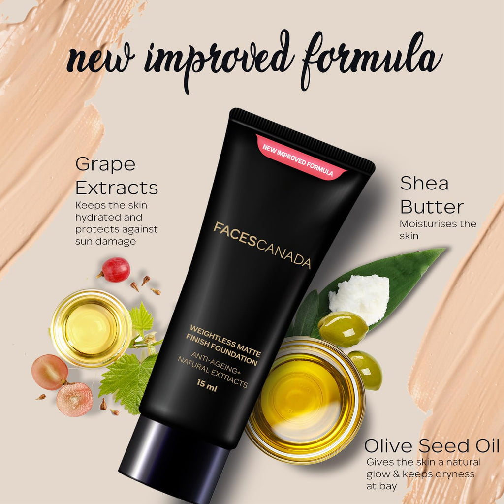 FACES CANADA Weightless Matte Finish Foundation - Beige, 15ml | Lightweight | Natural Finish | Anti-Ageing | Non-Clog Pores | Enriched With Olive Seed Oil, Grape Extract, Shea Butter
