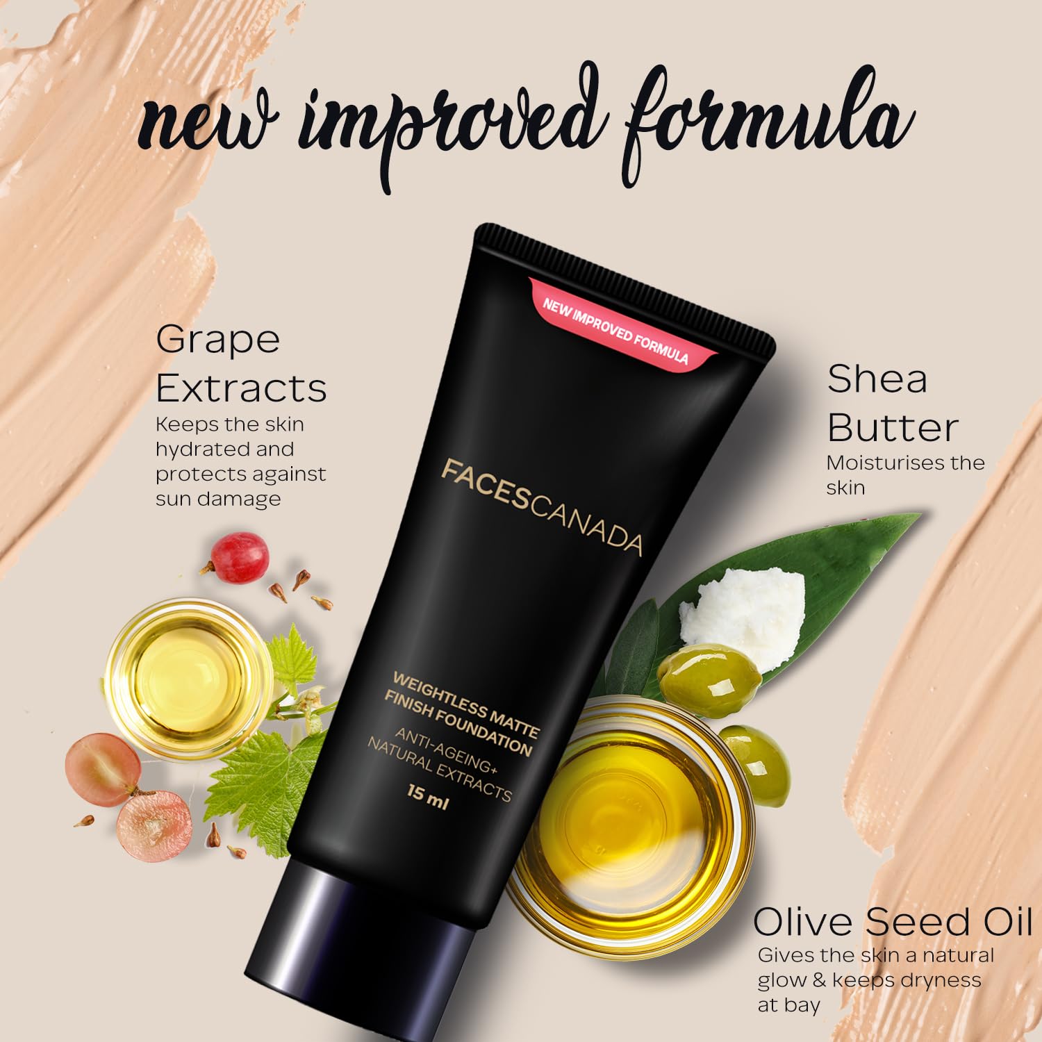 FACES CANADA Weightless Matte Finish Foundation - Beige, 15ml | Lightweight | Natural Finish | Anti-Ageing | Non-Clog Pores | Enriched With Olive Seed Oil, Grape Extract, Shea Butter