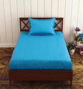 Trance Home Linen 100% Cotton 78x36 inch Single Fitted 200TC Satin Stripe Elastic Bedsheet Bedspread with 1 Pillow Cover Colour Aqua Turquoise Blue