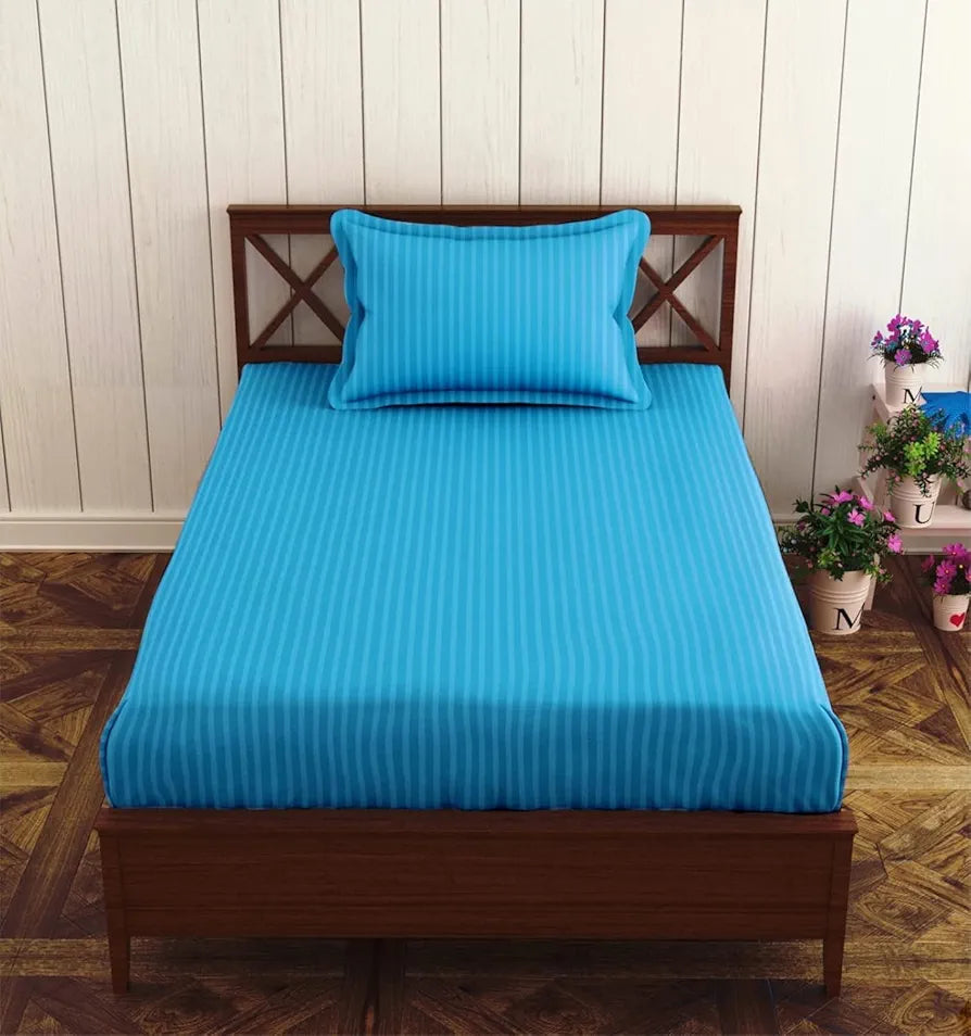 Trance Home Linen 100% Cotton 78x36 inch Single Fitted 200TC Satin Stripe Elastic Bedsheet Bedspread with 1 Pillow Cover Colour Aqua Turquoise Blue