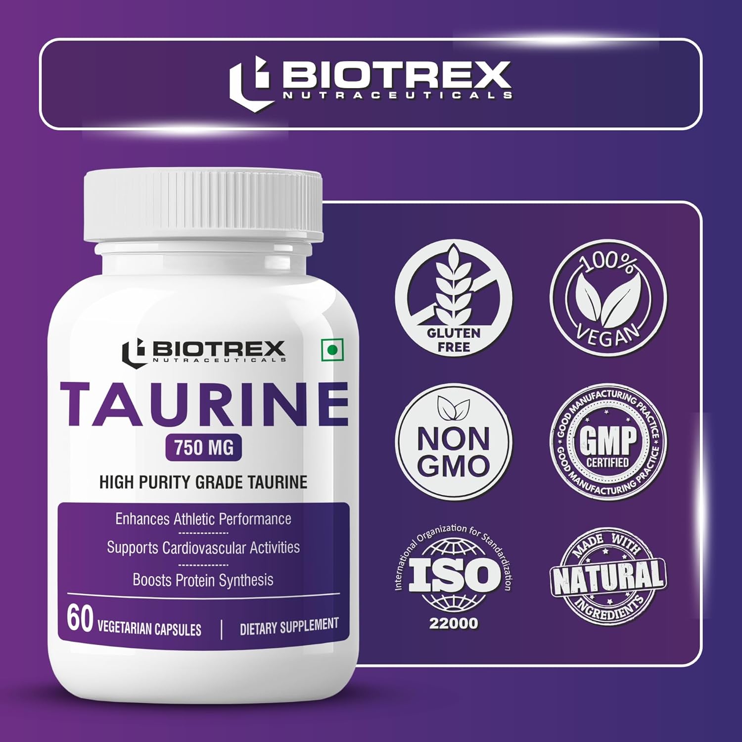Biotrex Nutraceuticals Taurine 750mg | Antioxidant | Cardiovascular Health & Helps Enhanching Muscle Function | Eye Health | Amino Acid Supplement For Athletic Performance | Men & Women - 60 Veg Capsule