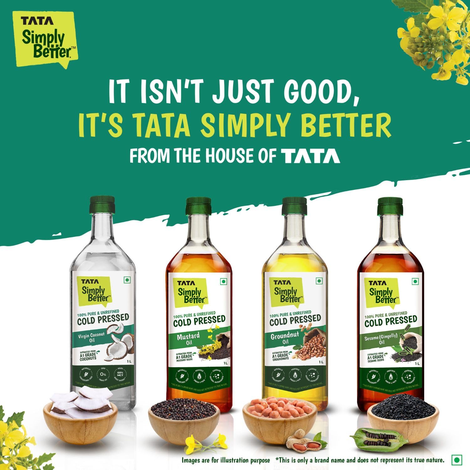 Tata Simply Better Pure & Unrefined Cold Pressed Mustard Oil,Naturally Cholesterol Free, 1L, Rich Aroma & Flavour of Real Mustard Seeds, A1 Grade Mustard Seeds