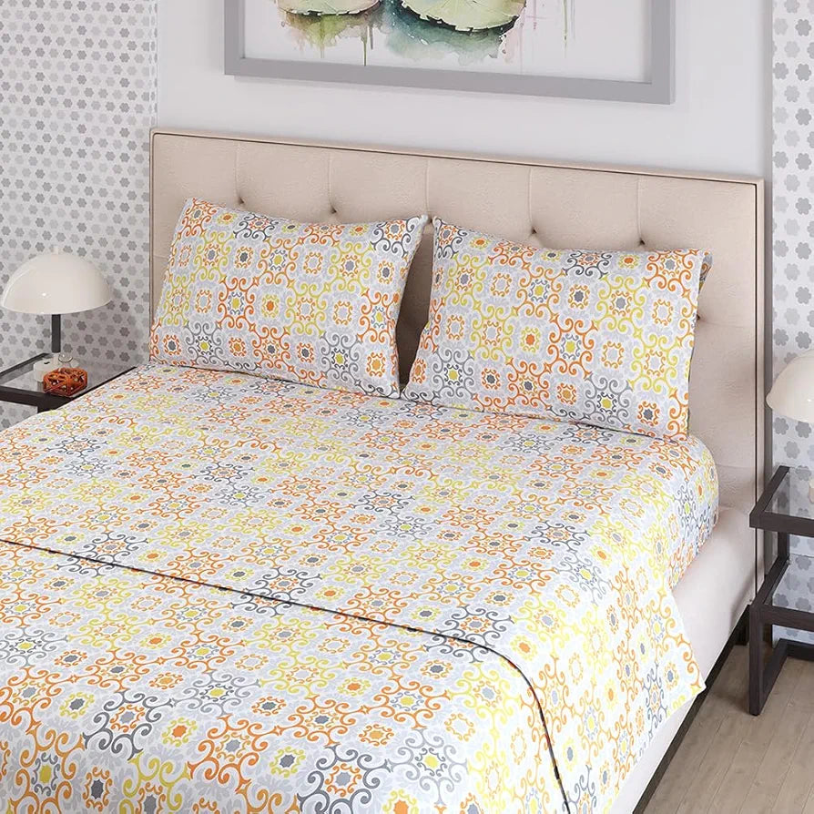 Layers Zen Cotton Blend King Bedsheet Set 1 King Cotton Bedsheet & 2 Pillow Covers Breathable & Anti-Wrinkle 225 CVC Orange
