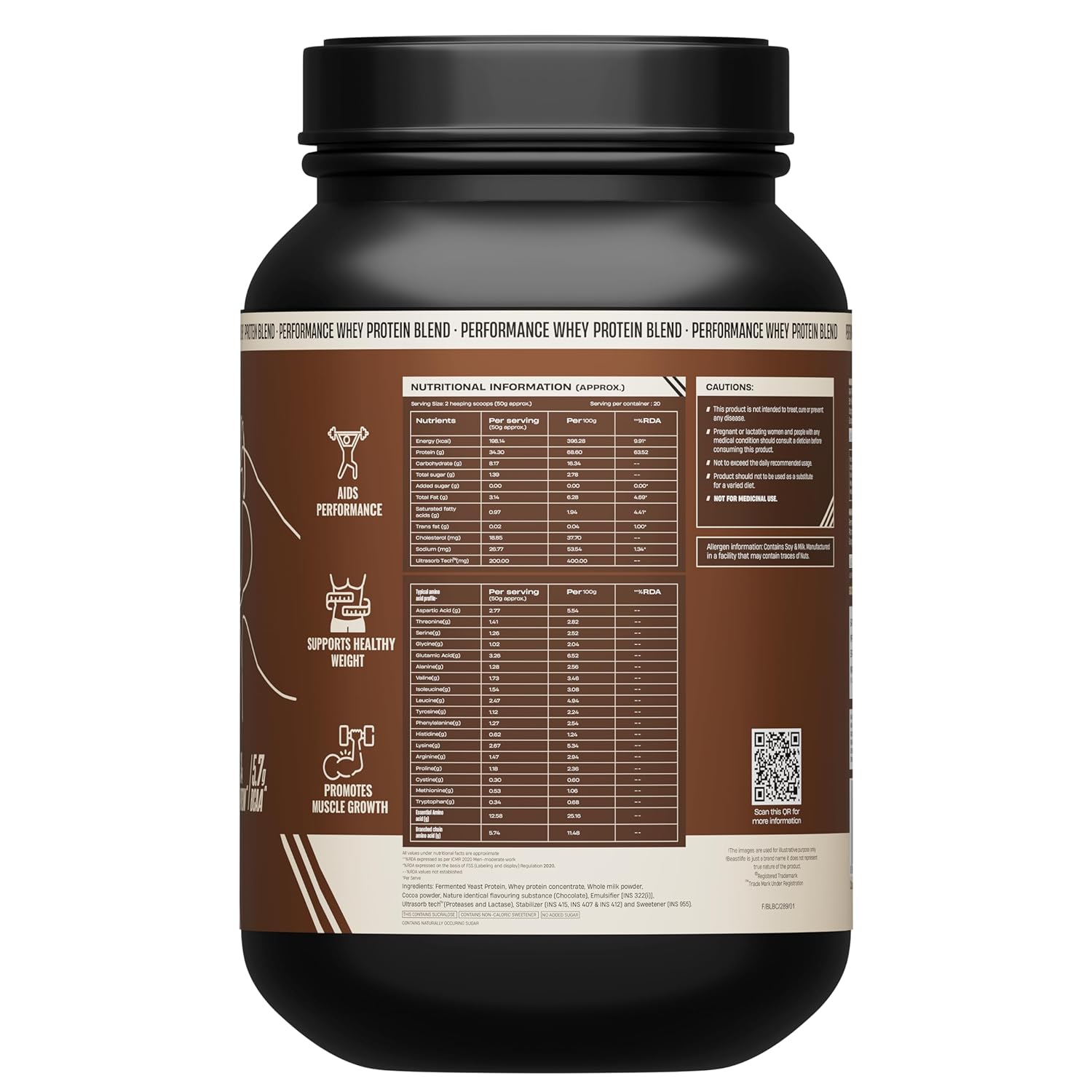 BeastLife Performance Whey Protein Blend | 34g Protein | 5.7g BCAA | 1Kg | Chocolate | Muscle Growth & Recovery | Easy to Digest with Ultrasorb Tech | Smooth & Easy to Mix | Contains Whey Protein Concentrate & Yeast Protein