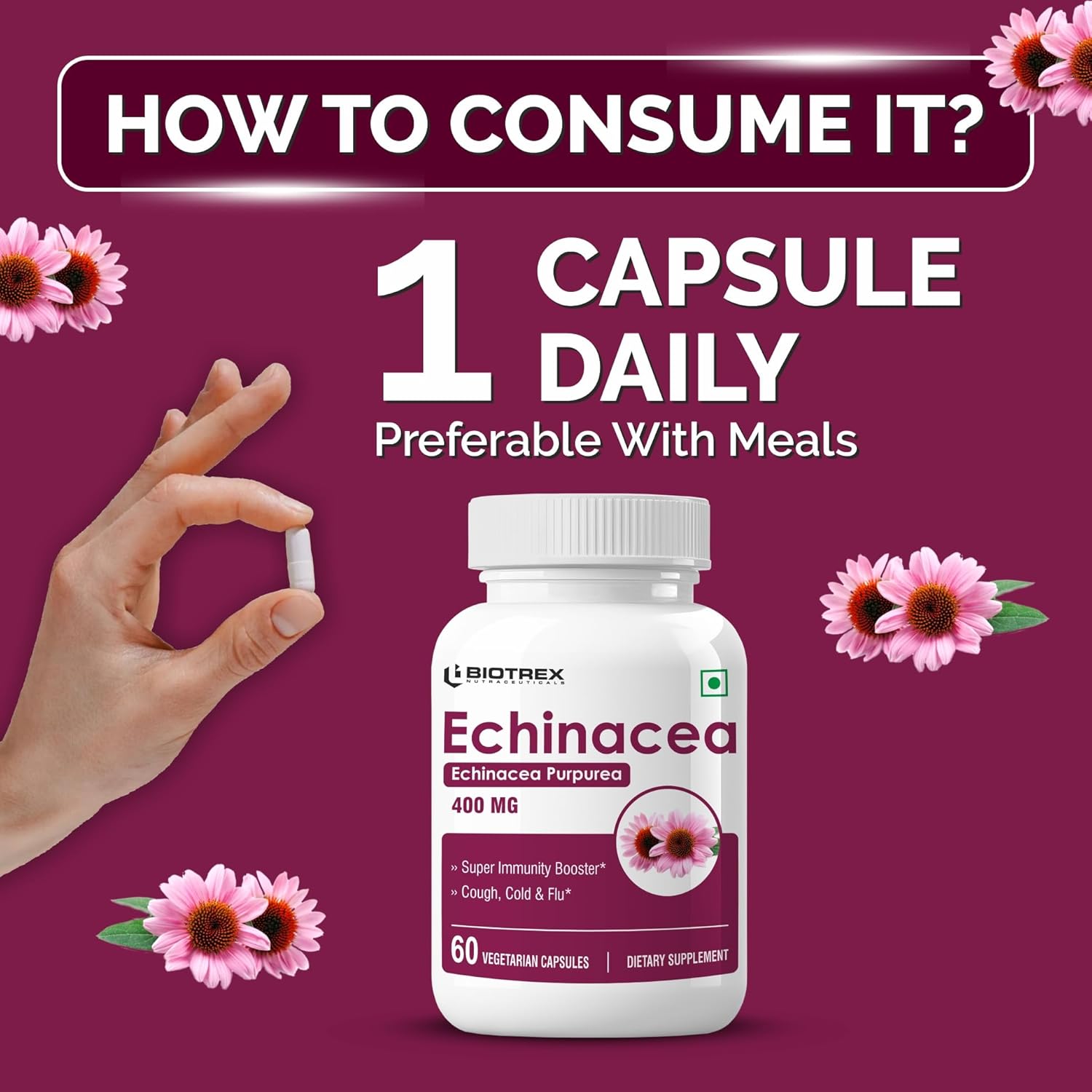 Biotrex Nutraceuticals Echinacea 400mg | Immunity & Anti-inflammatory Effects | Antioxidant Properties | Skin Health & Overall Wellbeing â€“ 60 Veg Capsules