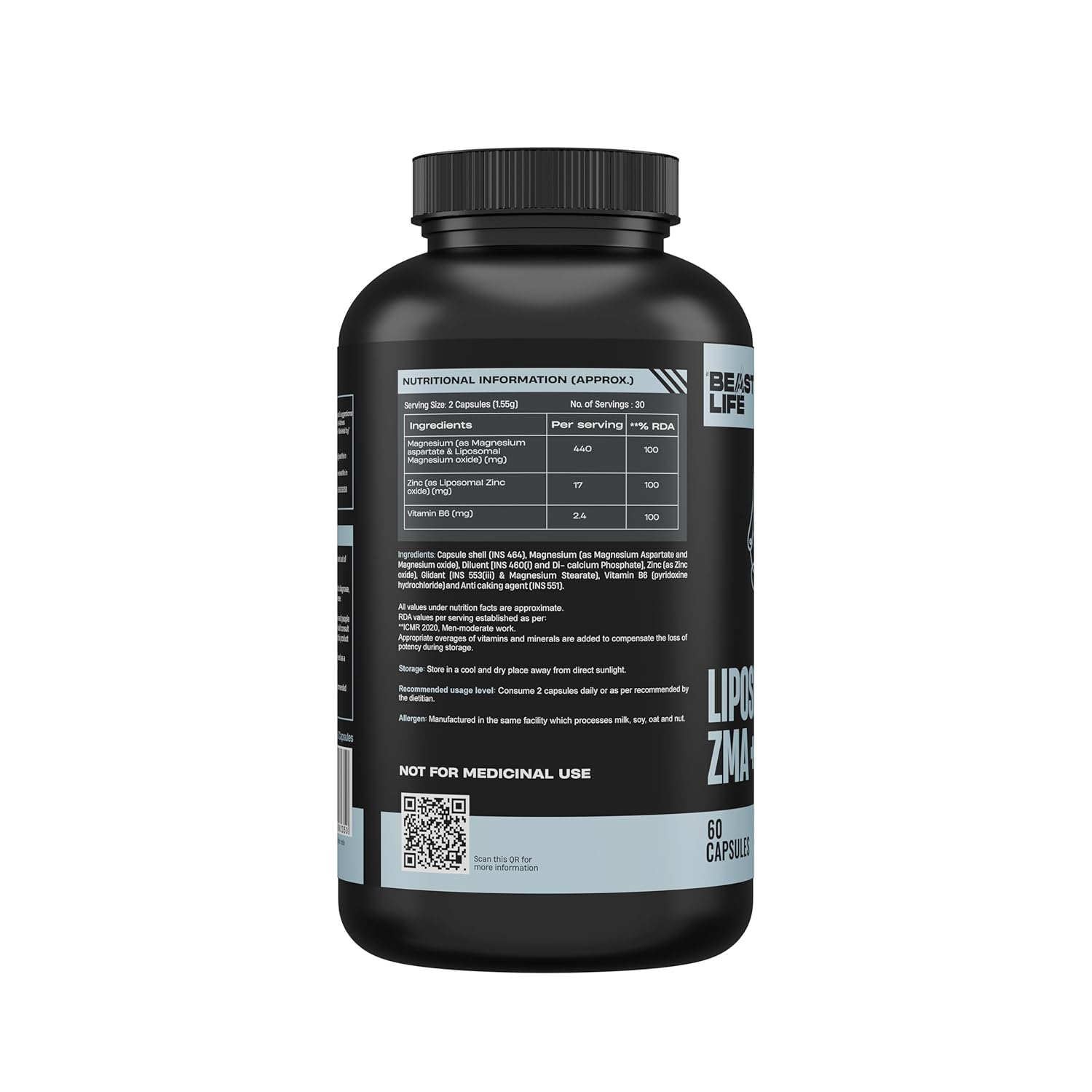 BeastLife Liposomal ZMA | Zinc Magnesium Aspartate Capsules | Ultra Absorption | Muscle Repair, Sleep Quality, Stress & Mood Balance | Metabolic & Immune Support | 60 Capsules