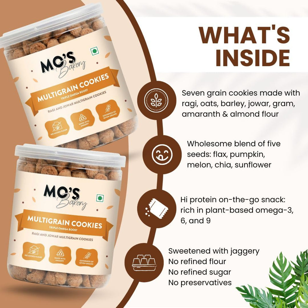 Mo’s Triple Omega Multigrain Cookies | Mini Healthy Cookies for Kids & Adults | Tea Time Snack | Omega-Rich Seeds & Whole Grains with Ragi, Oats, Barley, Amaranth & Almond | Flax, Chia, Melon, Sunflower & Pumpkin Seeds | No Refined Sugar