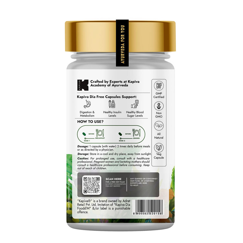 Kapiva Dia Free Capsules | Helps Manage Blood Sugar Levels With Karela, Jamun & Gudmar | 100% Ayurvedic Capsules with Powerful Herbs | 1 Month Pack for Diabetes/Diabetic Care | 60 Capsules/Tablet