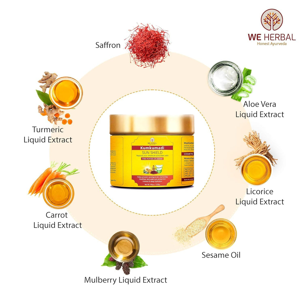 Kumkumadi Sunscreen 100gm, Ayurvedic Sun Shield with Saffron, Aloe Vera,turmeric & Licorice, Sun Protection with herbs and oils no White Cast, Non Greasy, No artificial colour & Fragrance