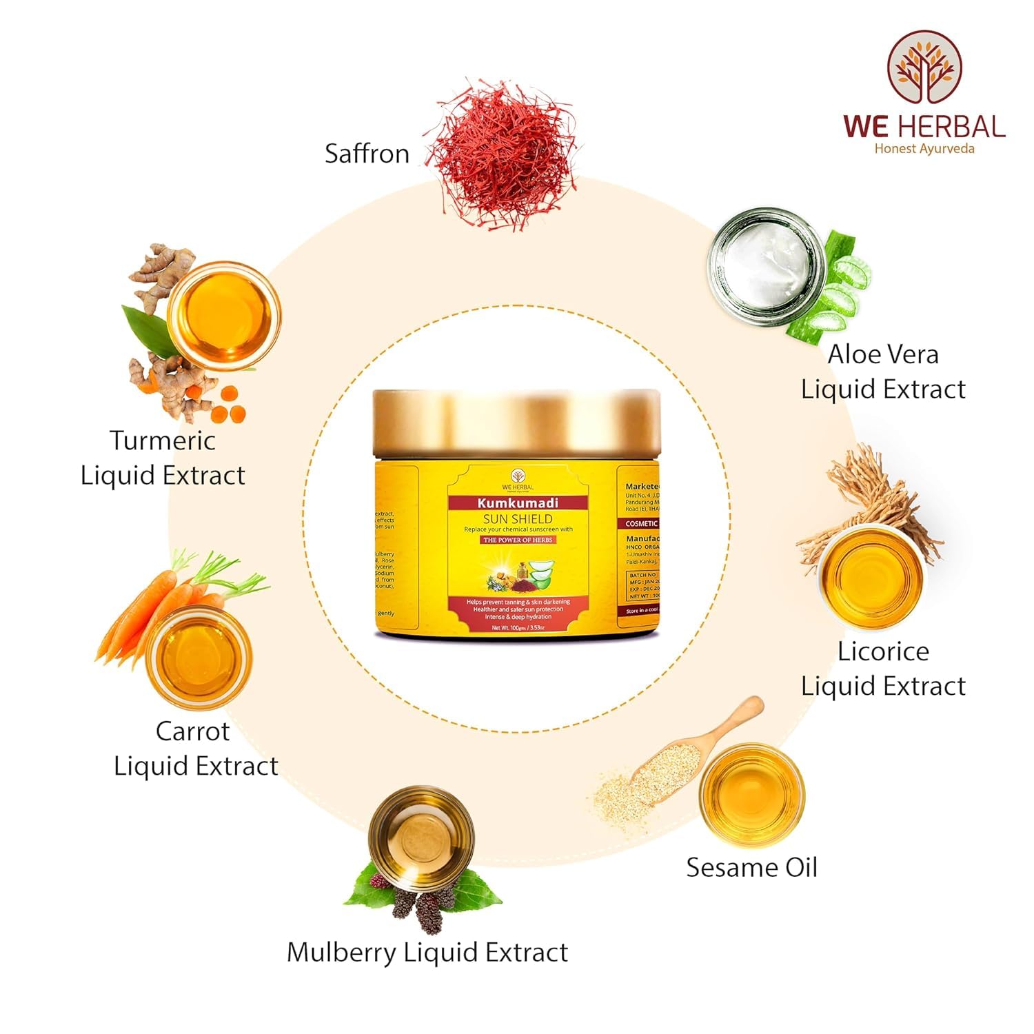 Kumkumadi Sunscreen 100gm, Ayurvedic Sun Shield with Saffron, Aloe Vera,turmeric & Licorice, Sun Protection with herbs and oils no White Cast, Non Greasy, No artificial colour & Fragrance