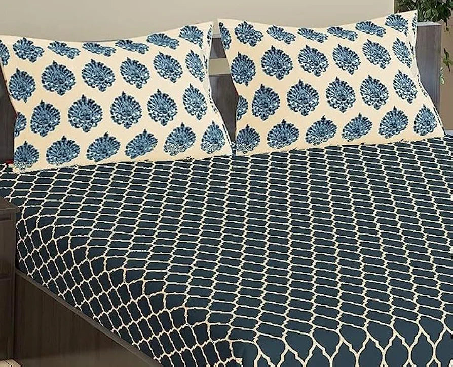 Trance Home Linen 100% Cotton 200 TC 78"X60" Standard Queen Size Elastic Fitted Bedsheet Printed Queen Bed Size With 2 Pillow Covers Colour Dori&Damask - Blue