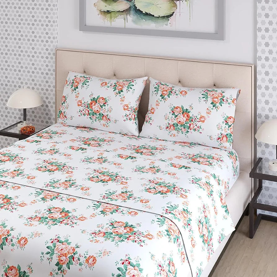 Layers Zen Cotton Blend King Bedsheet Set 1 King Cotton Bedsheet & 2 Pillow Covers Breathable & Anti-Wrinkle 225 CVC Orange Floral