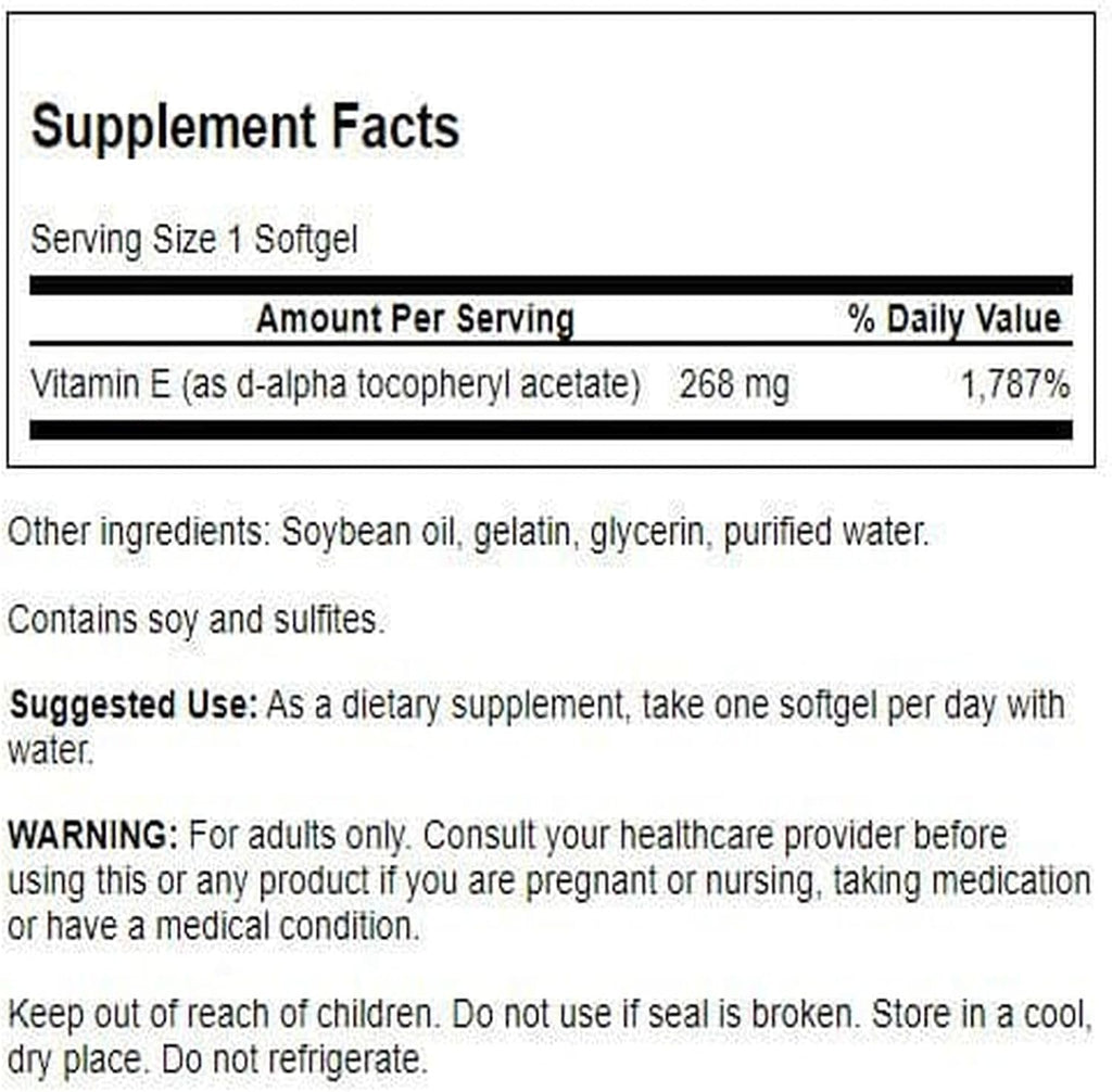 Swanson Natural Vitamin E 400 IU - Dietary Supplement for Daily Antioxidant Support - Can Support Immune System - Essential Nutrient and Vitamin Supplement (268 mg, 100 Softgels)