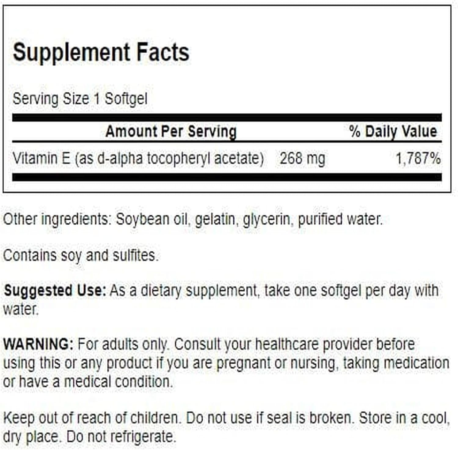 Swanson Natural Vitamin E 400 IU - Dietary Supplement for Daily Antioxidant Support - Can Support Immune System - Essential Nutrient and Vitamin Supplement (268 mg, 100 Softgels)