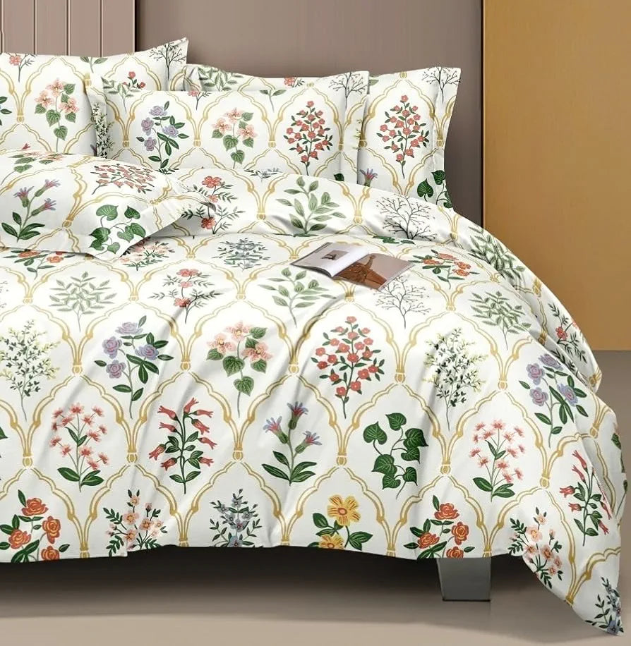 The Home Style 400 TC Cotton Feel Glace Cotton Elastic Fitted All Around Printed King Size Double Bed Bedsheet wih 2 Pillow Cover Multicolor Floral Paradise
