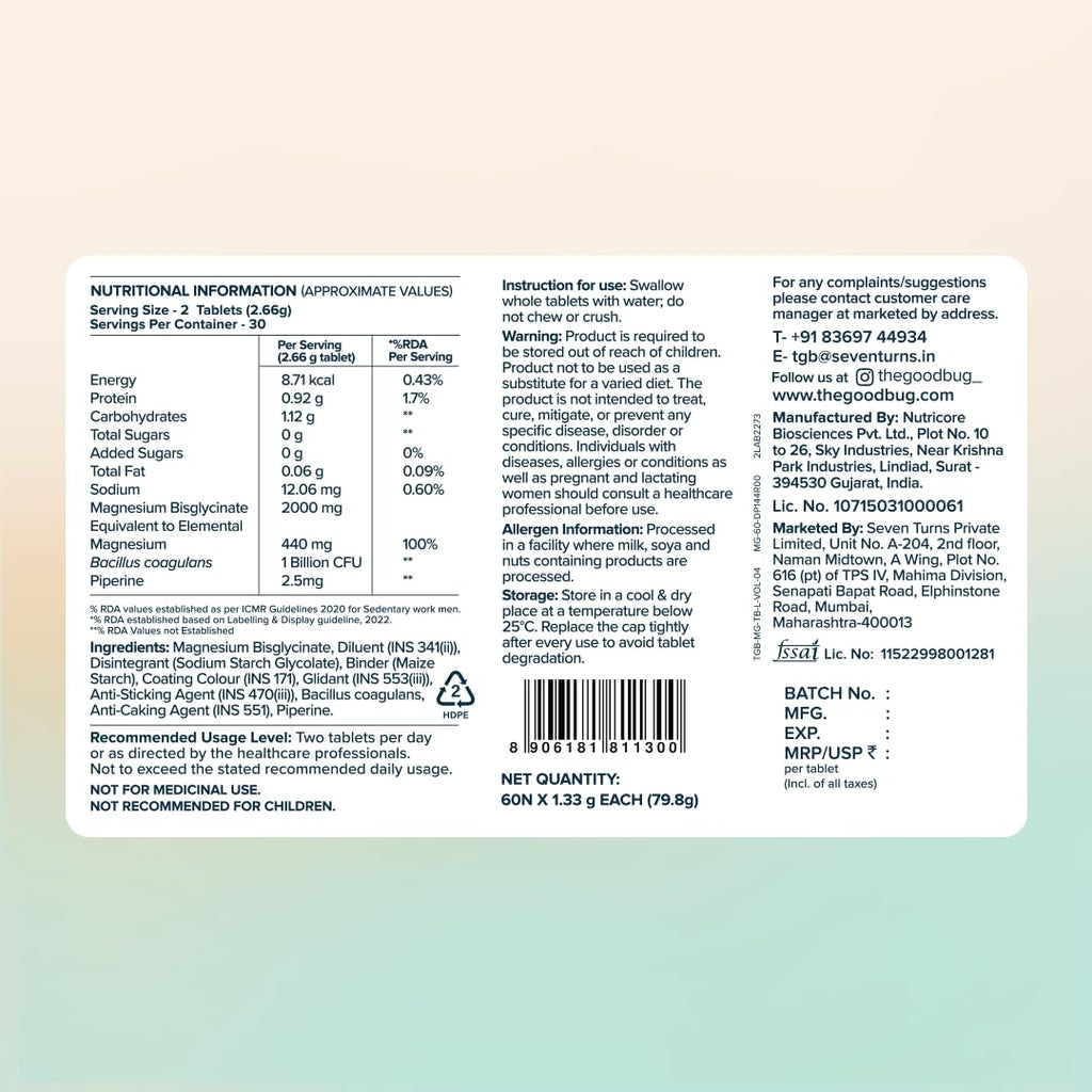 The Good Bug Magnesium Bisglycinate Tablets with Probiotics | 440mg Elemental Magnesium | Highly Bioavailable Form | Supports Muscle Recovery, Deep Sleep & Gut Health | 60 Tablets