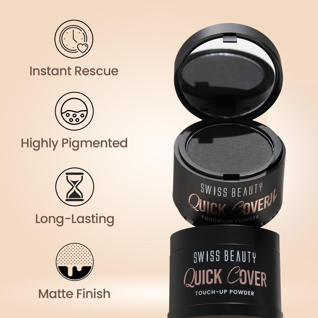 Swiss Beauty Quick Cover Touch-Up Powder | Covers Grey Roots & Bald Spots Instantly | Highly Pigmented | Ideal For Both Men & Women | Long-Lasting | Matte Finish | Shade- Smoky Black, 4g