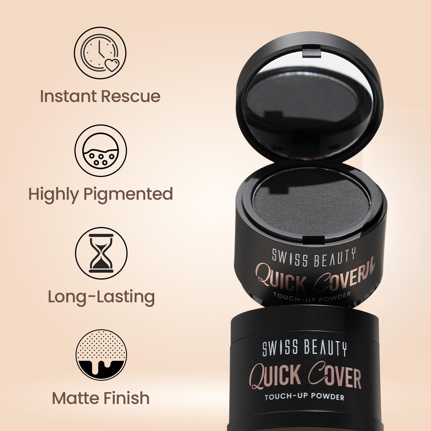 Swiss Beauty Quick Cover Touch-Up Powder | Covers Grey Roots & Bald Spots Instantly | Highly Pigmented | Ideal For Both Men & Women | Long-Lasting | Matte Finish | Shade- Smoky Black, 4g