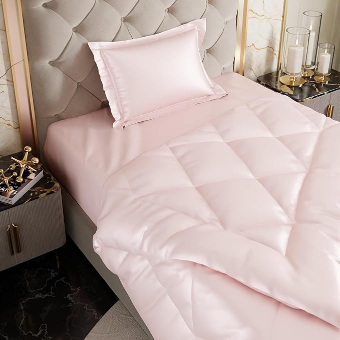 Stoa Paris Satin Bed in A Bag Collection with Single Comforter With 1 Pillow Cover Colour Blushing Pink