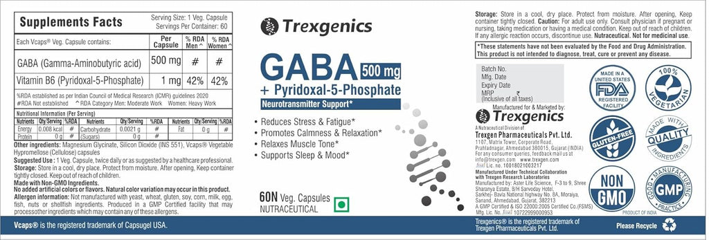 Trexgenics GABA (Gamma aminobutyric aicd) 500 mg, Pyridoxal 5 Phosphate 1 mg, Neurotransmitter, Stress, Sleep Support VEGAN & NON-GMO (60 Veg Capsules) (Pack of 1)