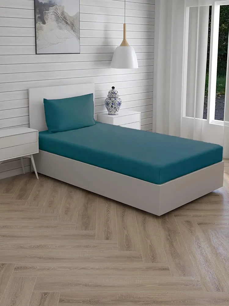 Trance Home Linen Premium 300 Tc Pure 100% Cotton Solid Single Size Fitted Bedsheet with 1 Pillow Cover Colour Teal