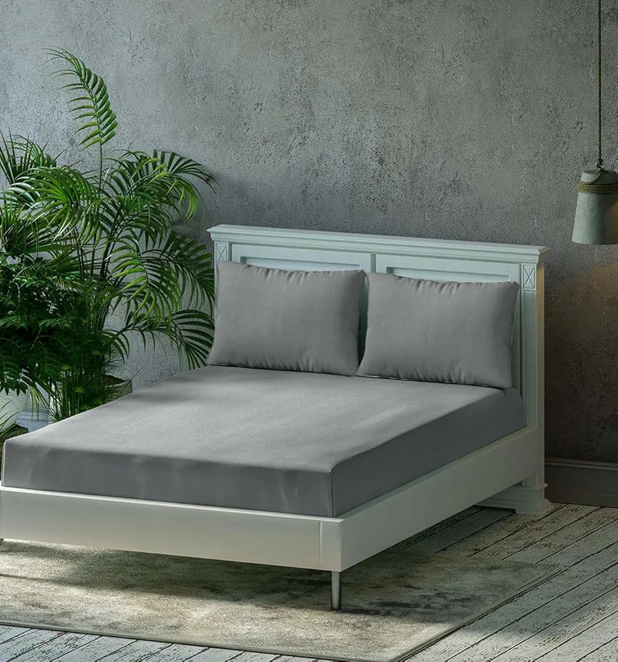 Trance Home Linen Premium 300 TC Pure 100% Cotton Single Size Fitted Bedsheet with 1 Pillow Solid Cover Colour Ash Grey