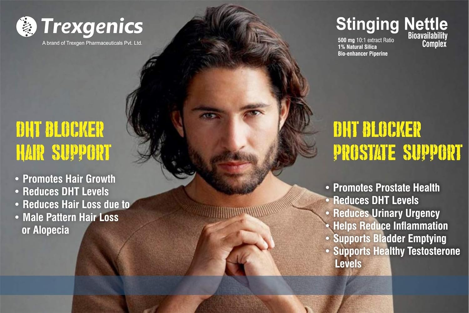 Trexgenics STINGING NETTLE (1% Natural Silica) 500mg with with Bio-enhancer Piperine 5mg DHT Blocker, Hair growth, Prostate Support (60 Veg capsules)