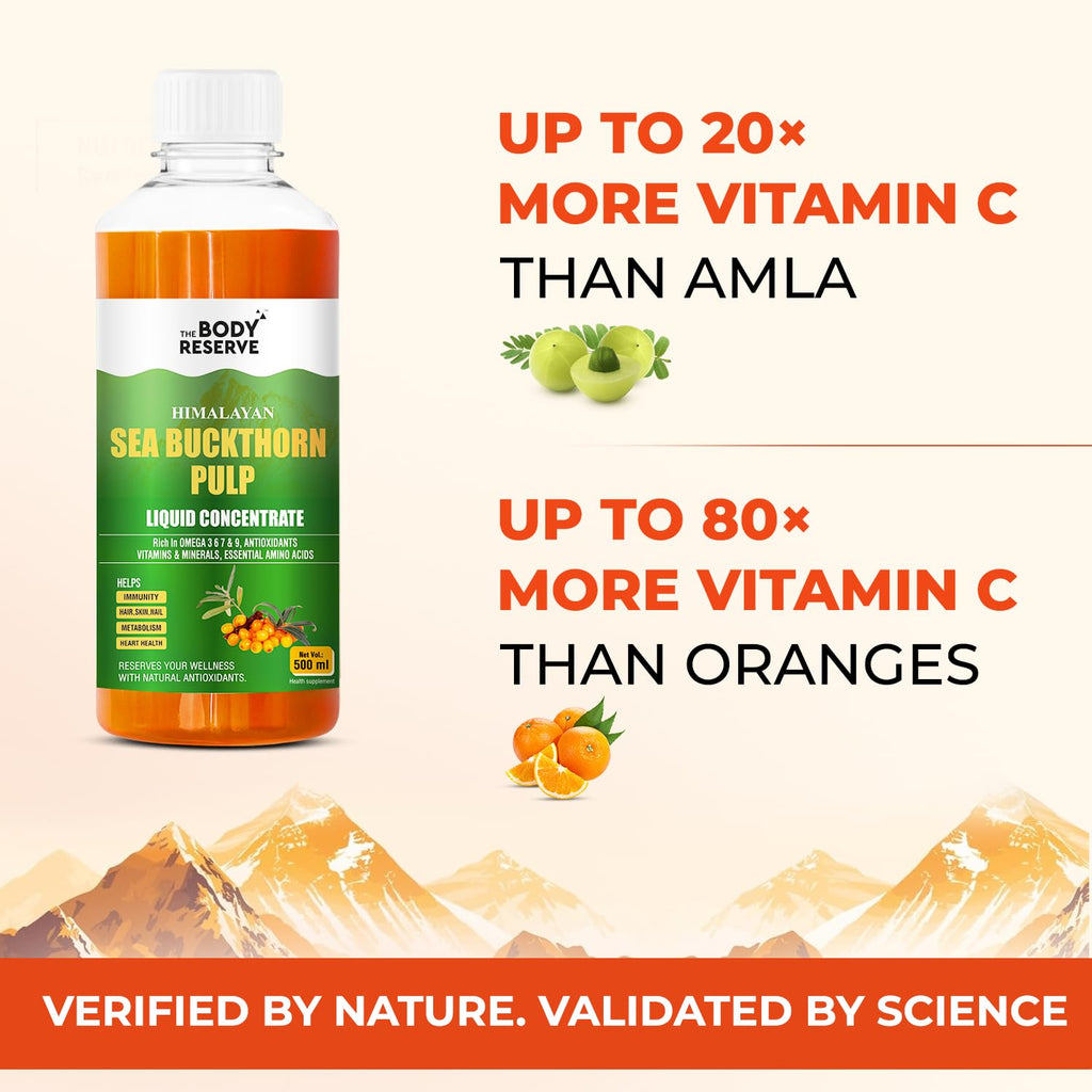The Body Reserve Himalayan Sea Buckthorn Juice 500ml | Cold Pressed Seabuckthorn Berry Pulp Concentrate | Natural Vitamin C | Omega 3-6-7-9 | Antioxidant-Rich Gut Health Juice for Skin Glow, Heart & Immunity Support