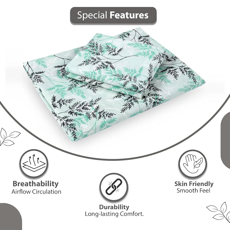 Divine Casa 144 TC 100% Cotton Double Bedsheet with 2 Pillow Covers Floral Pattern Colour Blue Mints