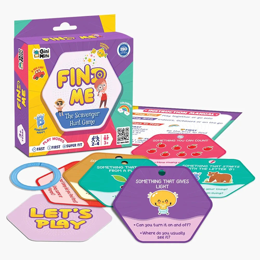 GiniMini FIND ME Scavenger Hunt Game for Ages 3+ 60 Reusable Cards 3 Play Modes Fast, First, Super FIT Indoor, Outdoor & Travel Boosts Observation, Memory & Vocabulary Family Fun