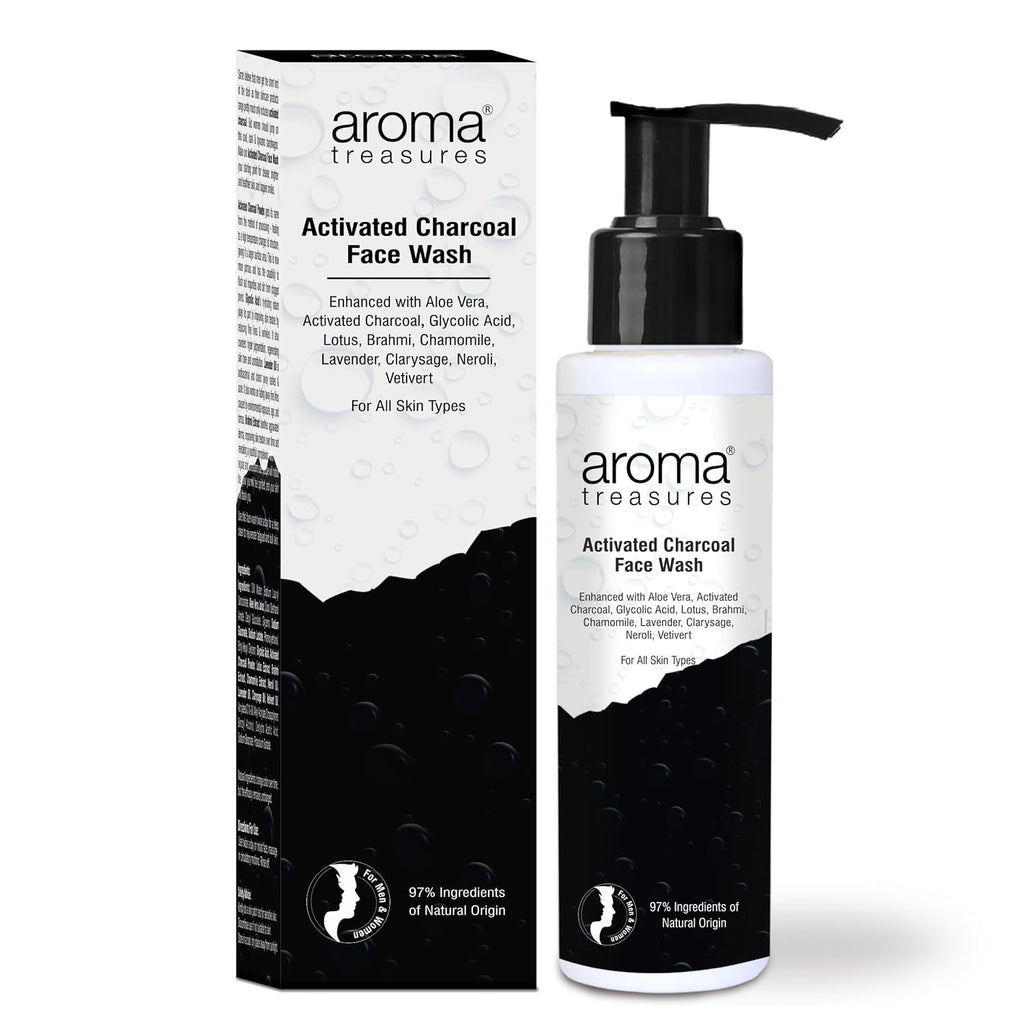 Aroma Treasures Activated Charcoal Face Wash for Men & Women | Deep Cleansing Oil Control Facewash with Aloe Vera & Glycolic Acid for Acne, Bright & Healthy Skin – 100ml