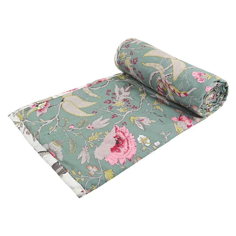 Trance Home Linen 100% Cotton Reversible Dohar Double Bed Size Jaipuri Printed Artisan Block Design Blanket Soft Lightweight Colour Calicut Green