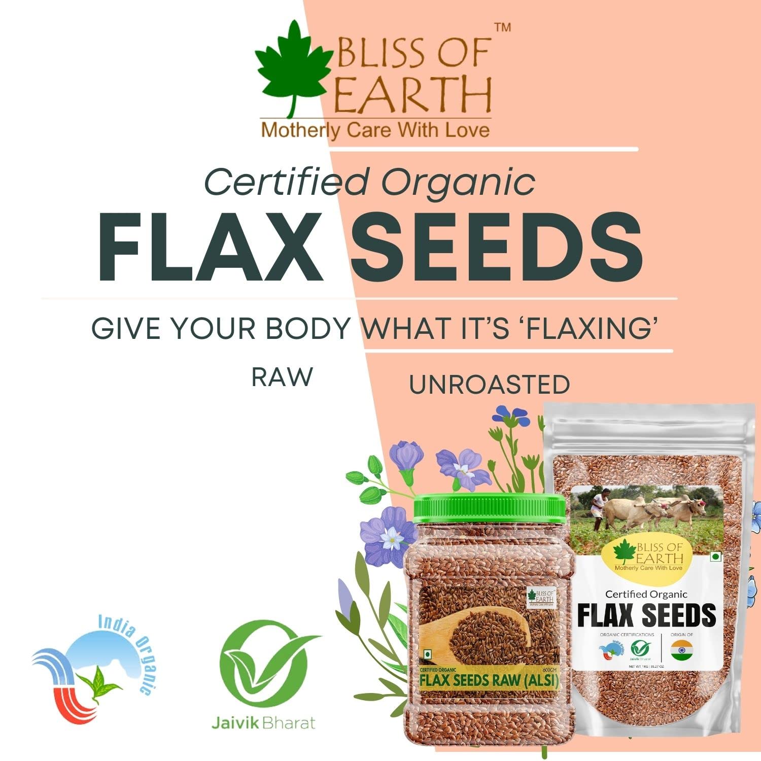 Bliss of Earth Organic Flax Seeds, 600g Pack, Raw Whole Flaxseed for Cooking and Baking, High in Omega-3 Fatty Acids, Gluten-Free, Non-GMO, Rich Source of Fiber and Protein, Superfood for Health