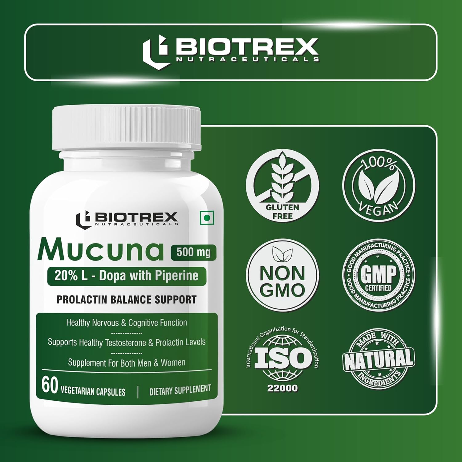 Biotrex Nutraceuticals Mucuna Pruriens (Kapikachhu) (20% L-Dopa) 500mg With Piperine 5mg | Vitality Booster, Motility & Nerve Function - 60 Veg Capsules