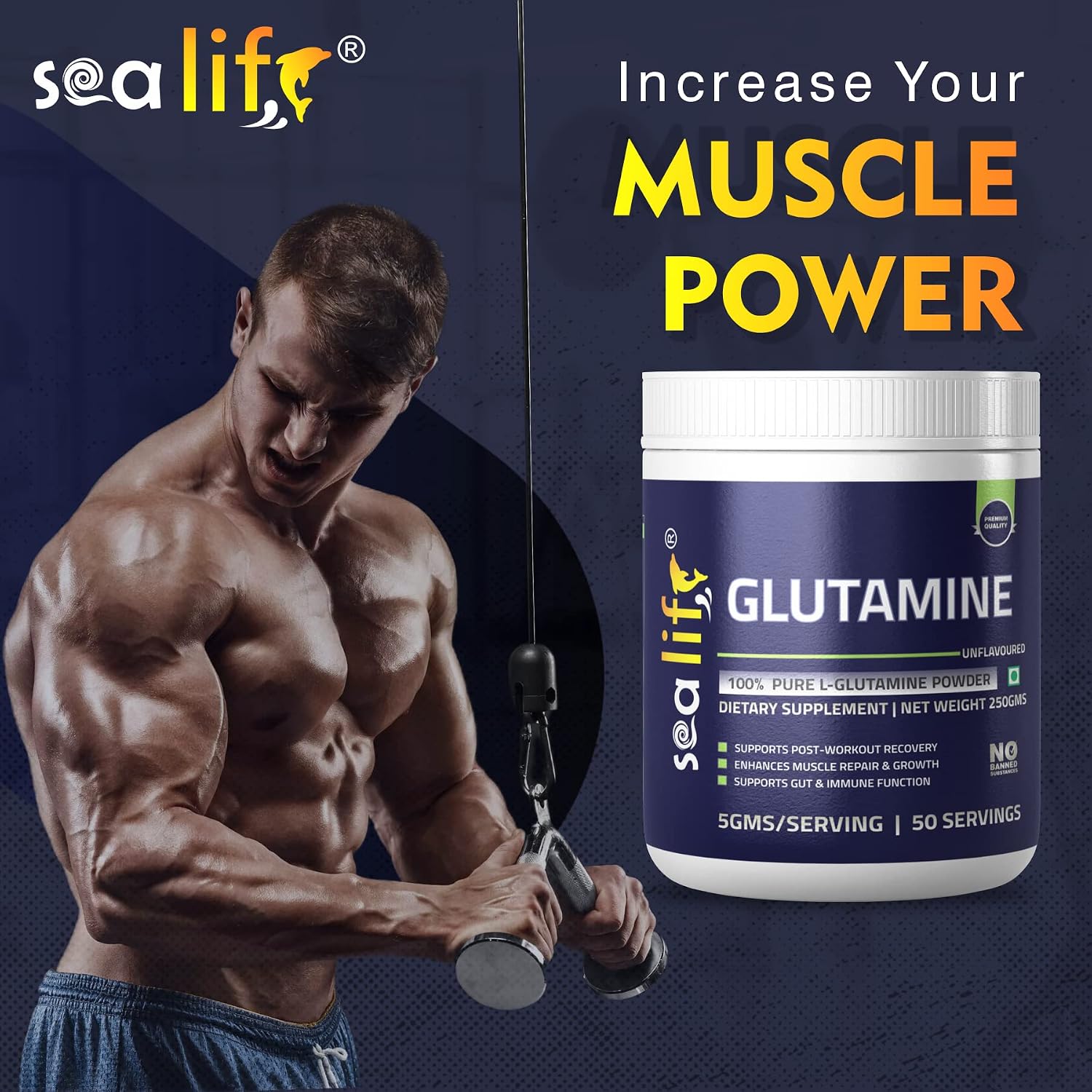 Sea Life 100% Pure L-Glutamine | Glutamine Powder, Amino Acid | Post Workout Supplement for Muscle Growth & Recovery - 250g, Unflavoured (50 Servings) For Men & Women. Pack of-1
