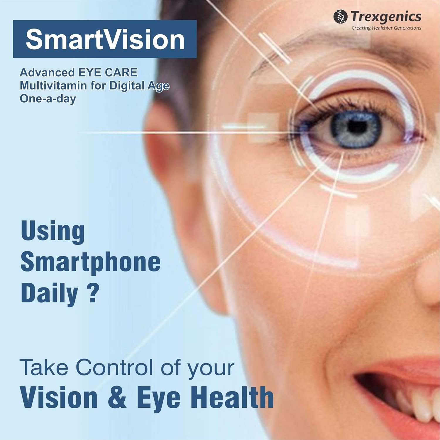 Trexgenics Smartvision Advanced Eye Care Multivitamin with Lutein, Zeaxanthin, Bilberry, Green Tea, Vitamin A, d, e, c, B-Complex and Minerals One-a-Day Formula for Digital Age -60 Veg. Capsules