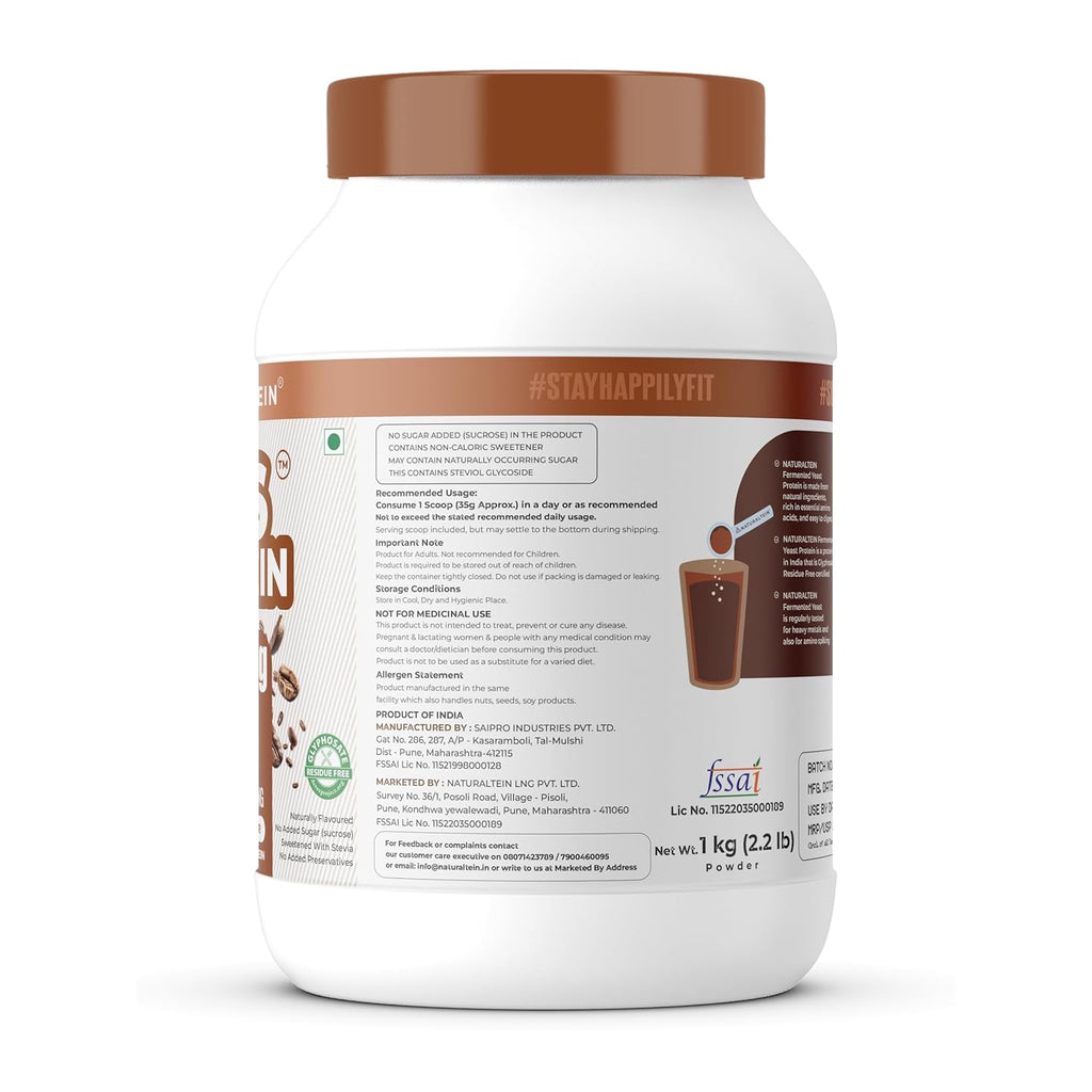Naturaltein YES Protein 1kg | Fermented Yeast Vegan Protein Powder | Rich Coffee Flavour | 25 g Protein | No Added Sugar | Naturally Sweetened | Digestive Enzymes | Heavy Metal Tested | 28 Servings