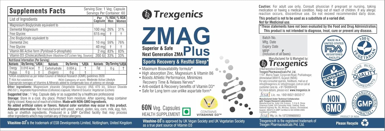 Trexgenics ZMAG PLUS Next Generation Sports Recovery, Restful Sleep complex with Bioactive Zinc & Magnesium Bisglycinate, Active B6 P5P & Vit. D3 Advanced, Bioavailable & Safe (60 Veg Capsules)