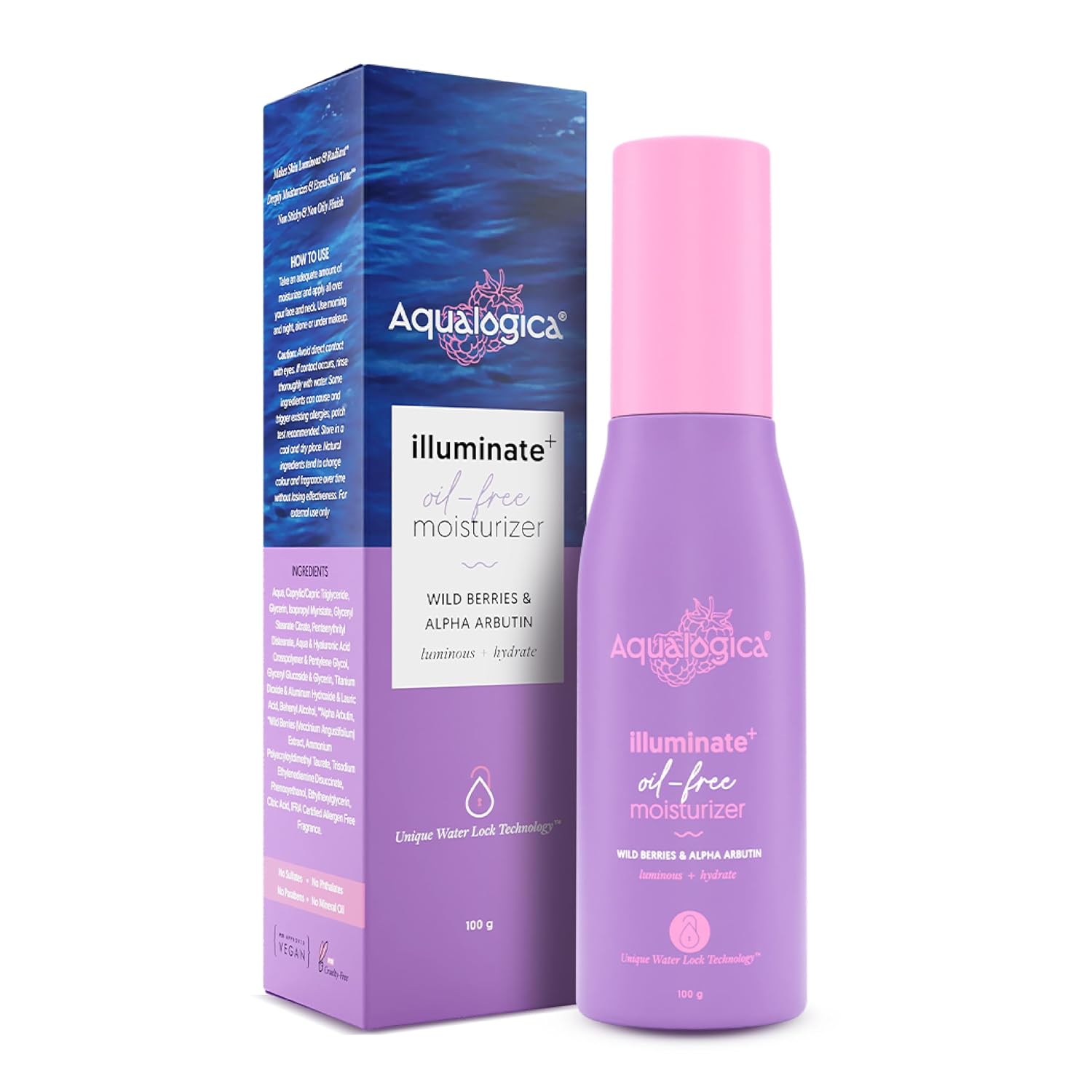 Aqualogica Illuminate+ Oil-Free Moisturizer with Wild Berries & Alpha Arbutin for Luminous Glow - Normal, Dry & Combination Skin -Hydration & Even Skin Tone for Men & Women | 100 g