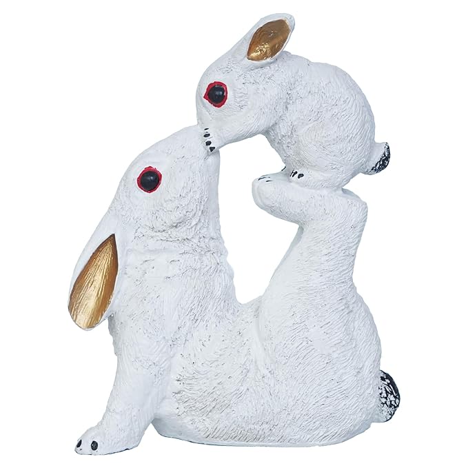 Ecraftindia Gold and White Rabbit Statue With Bunny Animal Figurines Decorative Showpiece for Home Decor