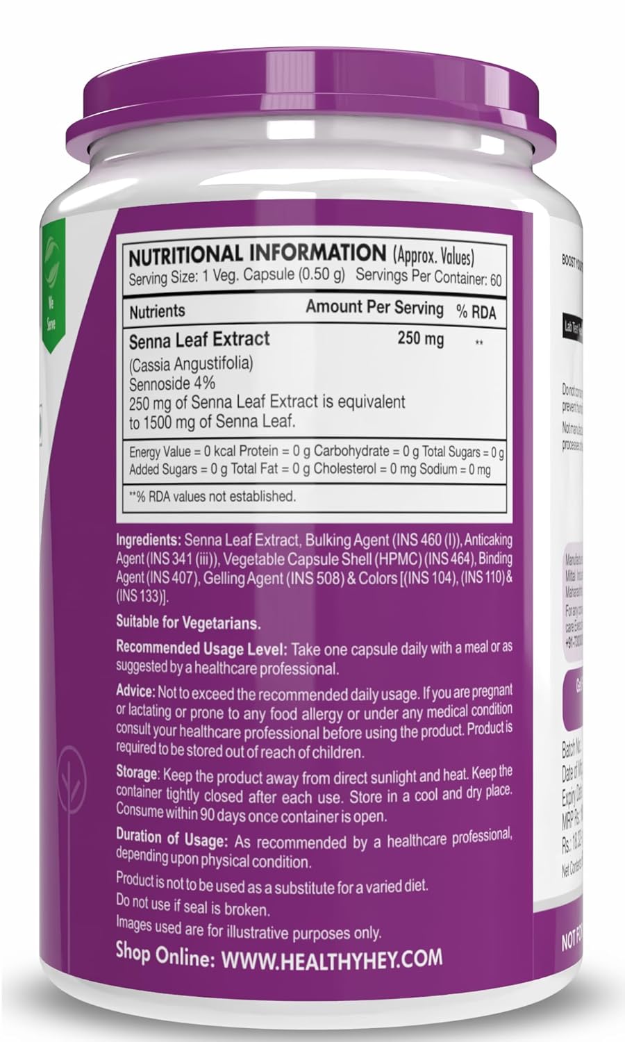 HealthyHey Nutrition Senna Leaf Extract - Natural Laxative & Helps Bowel Movement - Ratio 6:1-60 Vegetable Capsules