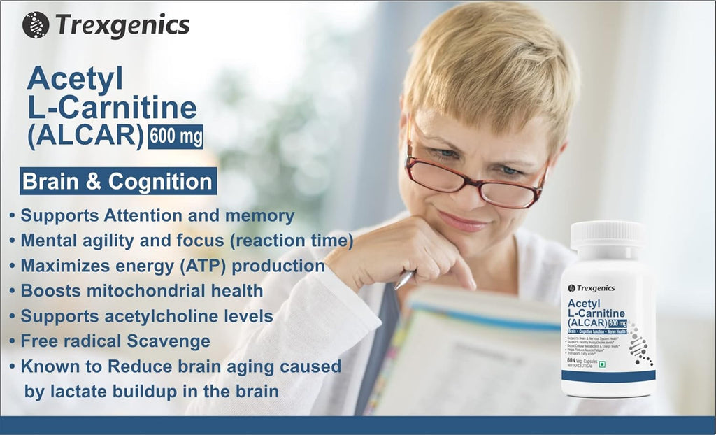 Trexgenics ACETYL-L CARNITINE (ALCAR) 600 mg Nervous System, Cognitive Function, Metabolism, Energy Support VEGAN & NON-GMO (60 Veg. Capsules) (Pack of 1)