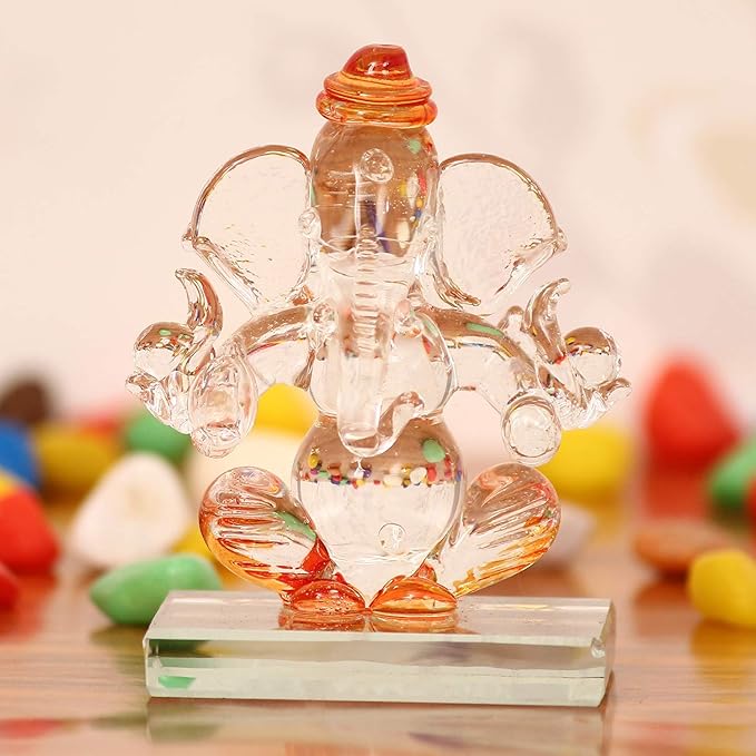 Ecraftindia Orange and Transparent Double Sided Crystal Car Ganesha Showpiece