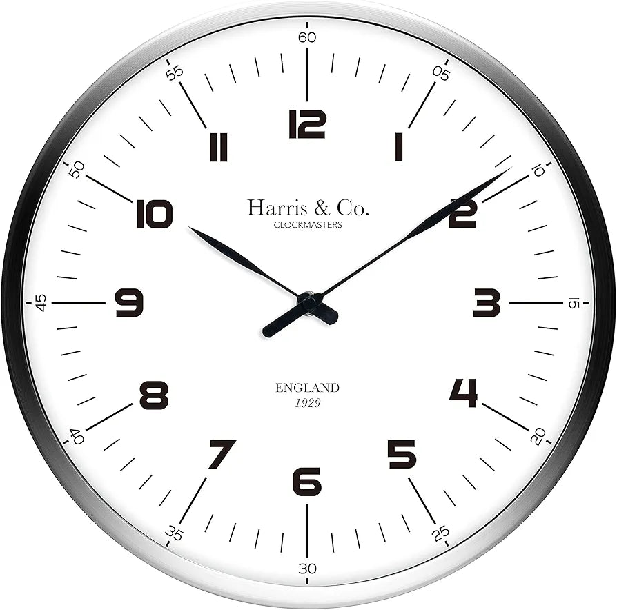 Harris & Co. Clockmasters Premium Wall Clock Luxury Number Dial - 13 Inch Analog White