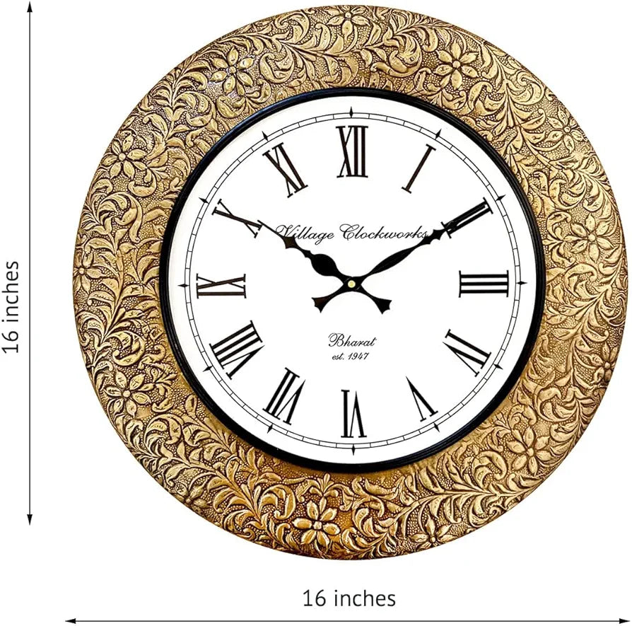 RoyalsCart Emboss Metal Analog Wall Clock Size - 16 X 16 Inches [Ktwc255] Gold Emboss Metal