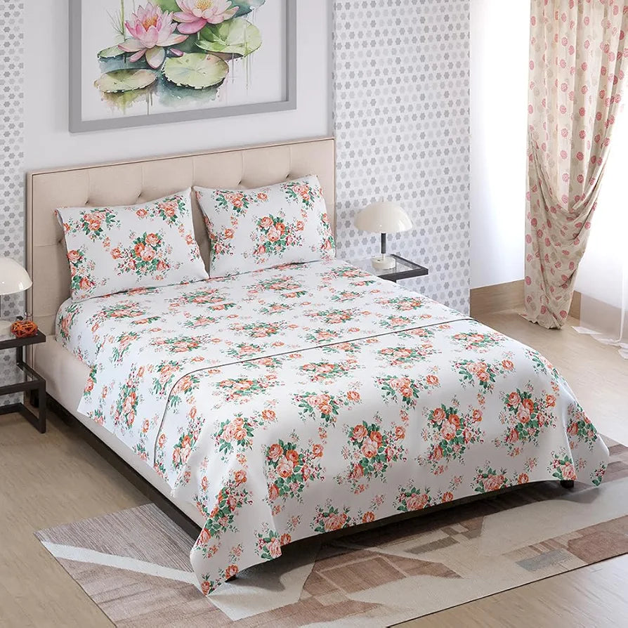 Layers Zen Cotton Blend King Bedsheet Set 1 King Cotton Bedsheet & 2 Pillow Covers Breathable & Anti-Wrinkle 225 CVC Orange Floral