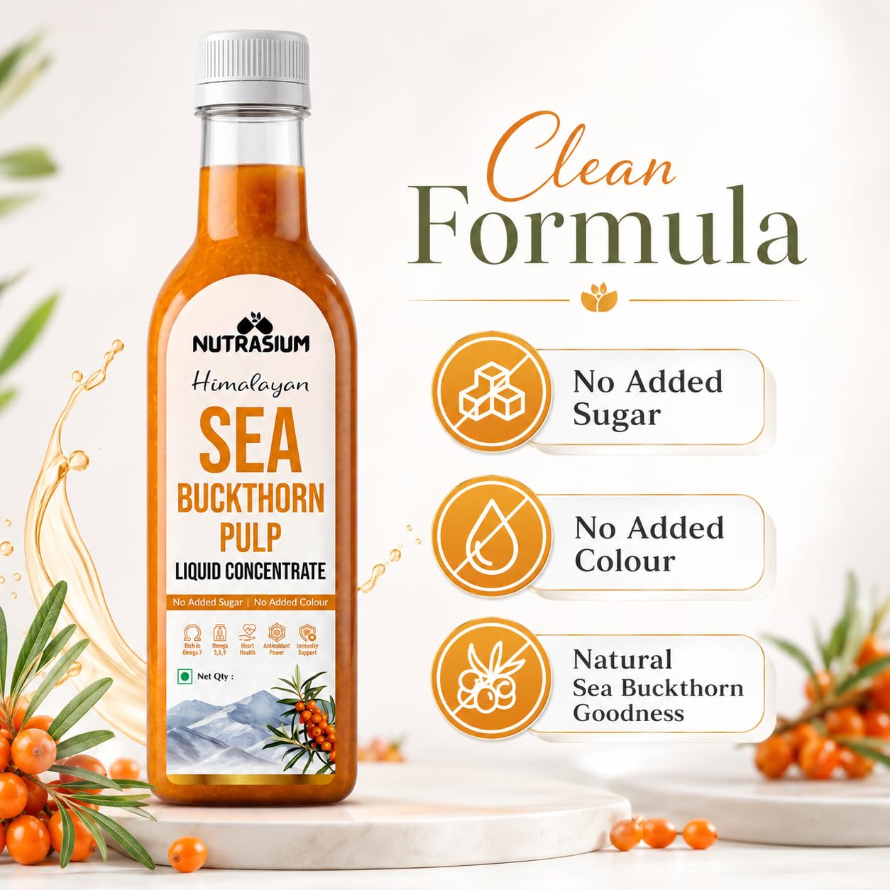 Nutrasium Himalayan Sea Buckthorn Berry Juice - 500 ml - Natural Source of Vitamin C, Omega 3 6 7 9, Antioxidants for Immunity, Skin Glow & Gut Health - 50 Glasses