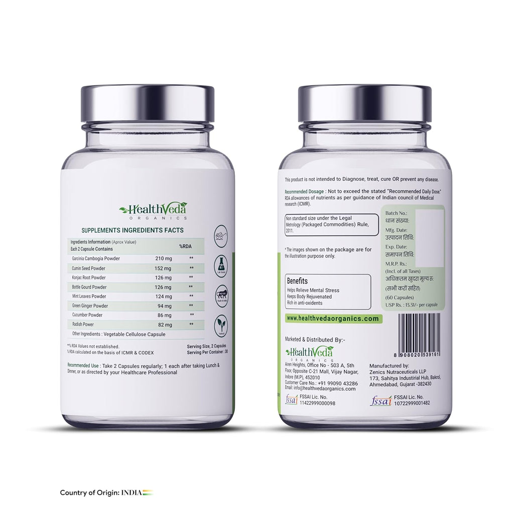Health Veda Organics Plant Based Garcinia Cambogia Supplement 1000 mg | 60 Veg Capsules | Improves Digestion | For Both Men & Women